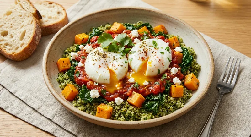 Shakshuka-Style Eggs over Herbed Quinoa with Roasted Butternut & Wilted Kale
