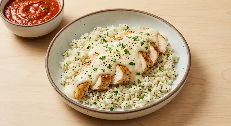 Garlic Chicken with Creamy Parmesan Alfredo (or Tomato-Basil Marinara) — Over Herb Rice or in a Warm Flour Tortilla