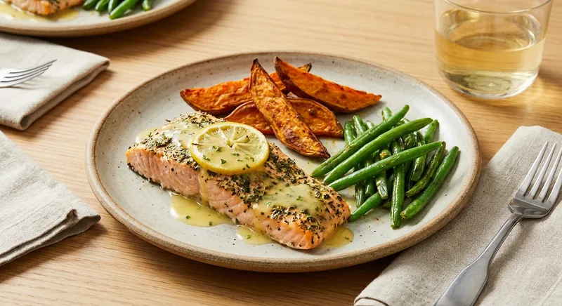 Baked Lemon-Herb Salmon with Roasted Sweet Potato & Sautéed Green Beans