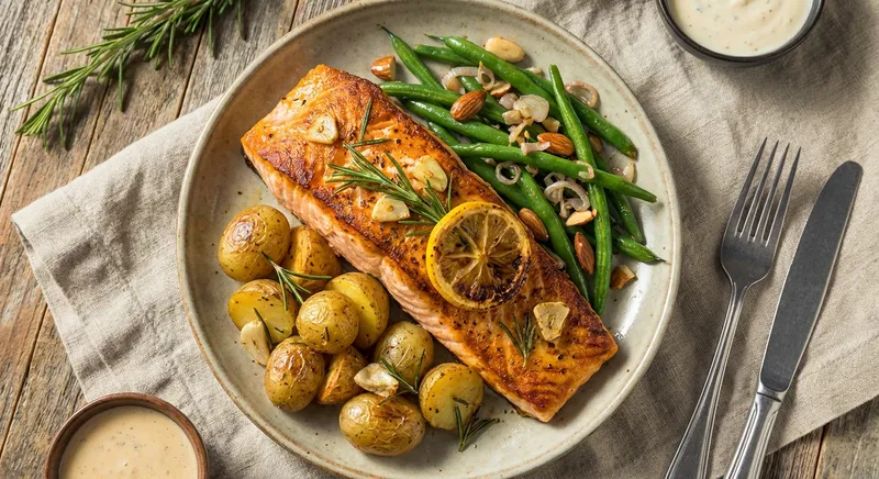 Baked Salmon with Garlic-Rosemary Potatoes & Sautéed Green Beans