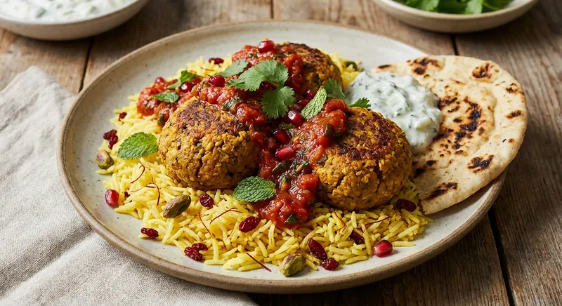 Baked Spiced Lentil-Bulgur Koftas with Tomato Sauce & Saffron Rice