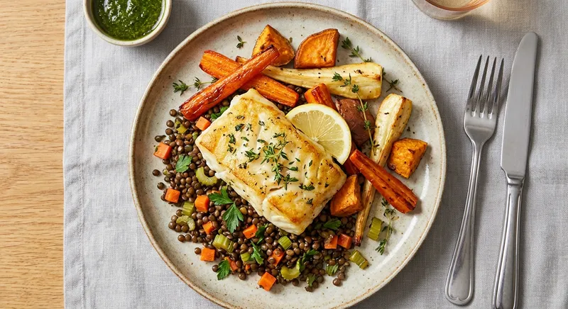 Baked Cod with Roasted Root Vegetables & Warm Lentil Salad
