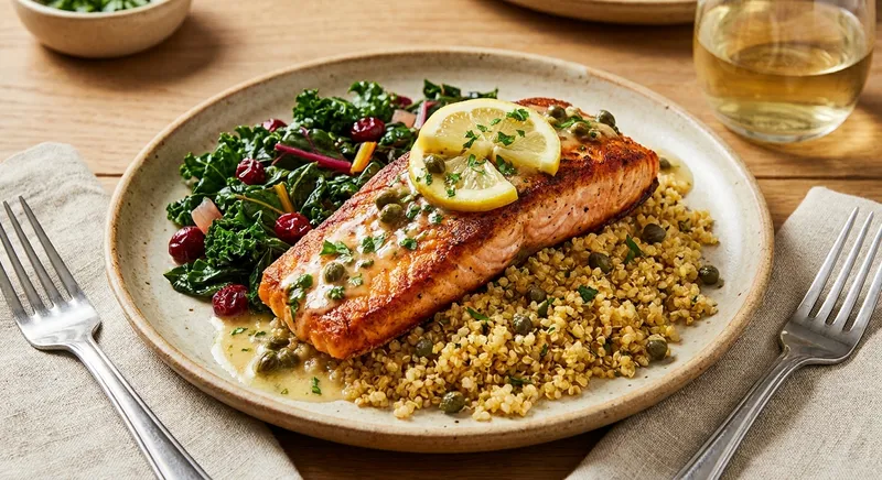 Seared Salmon Piccata with Lemon-Caper Quinoa and Wilted Autumn Greens