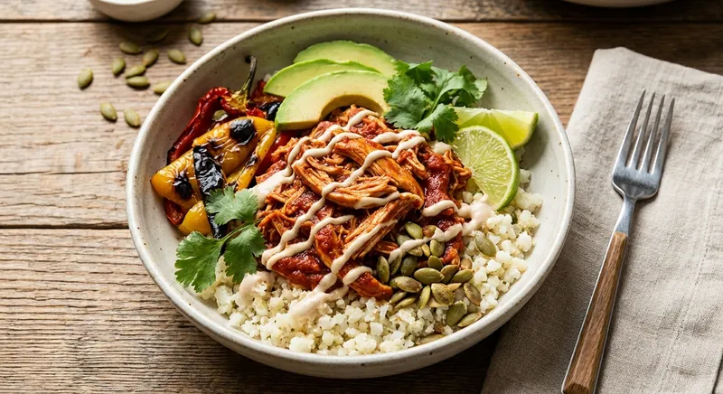 Chicken Enchilada Bowl (Paleo) with Cauliflower Rice & Roasted Peppers