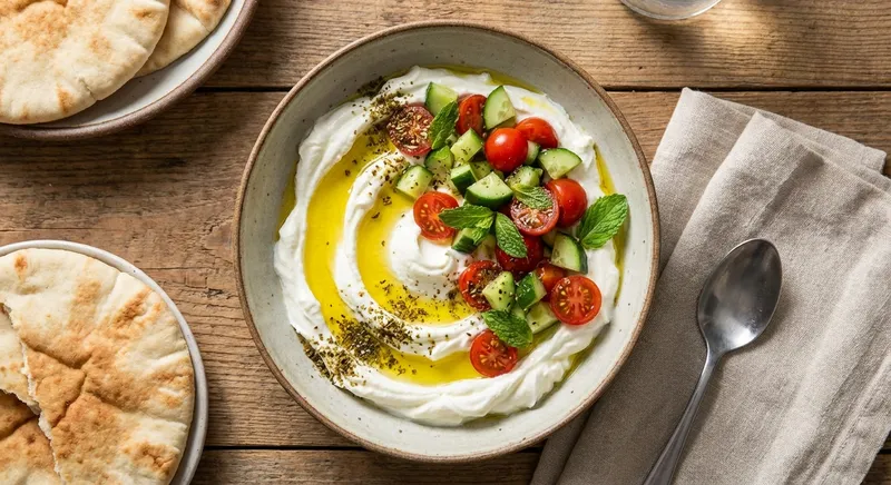 Labneh Bowl with Cucumber, Tomatoes & Olive Oil