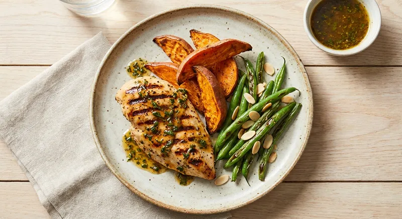 Grilled Chicken with Roasted Sweet Potatoes and Green Beans