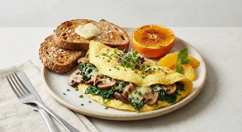 Spinach & Mushroom Omelette with Whole-Grain Toast and Orange