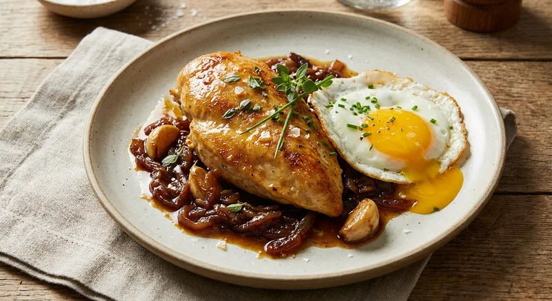 Butter‑Basted Chicken with Caramelized Garlic‑Onion Sauce and Runny Egg