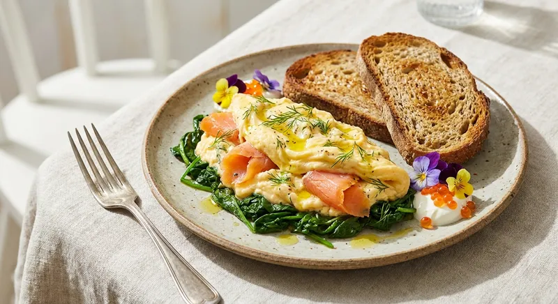 Smoked Salmon & Dill Soft Scramble with Sautéed Baby Spinach and Buckwheat Toast
