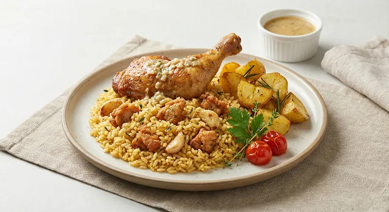 Garlic Chicken Rice with Roasted Potatoes