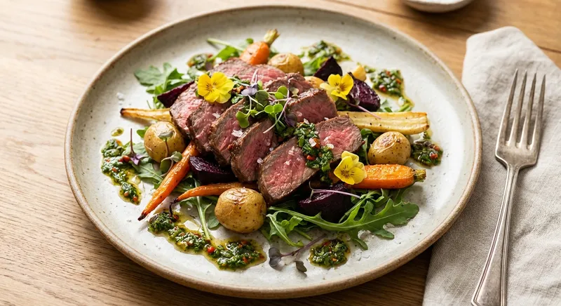 Grilled Steak Salad with Roasted Root Vegetables & Chimichurri
