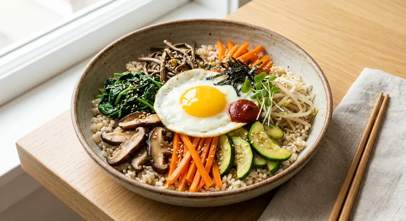 Vegetarian Bibimbap with Brown Rice, Sautéed Vegetables & Fried Egg