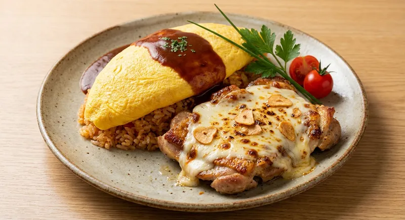 Omurice with Cheesy Garlic Chicken