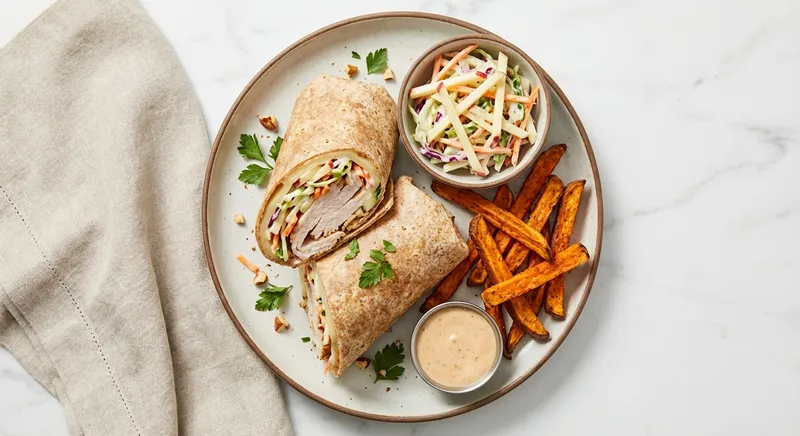 Turkey & Swiss Whole-Grain Wraps with Apple Slaw and Baked Sweet Potato Fries