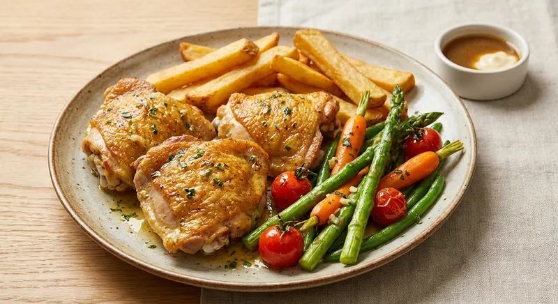 Pan-Roasted Chicken Thighs with Crispy Oven Fries and Garlic Butter Vegetables