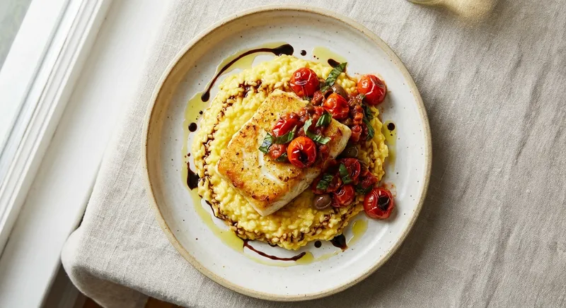 Pan-Seared Cod with Winter Cherry Tomato–Basil Ragù and Saffron Risotto