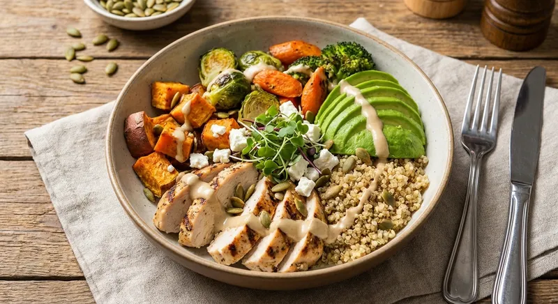Chicken & Quinoa Power Bowl with Roasted Veggies and Avocado