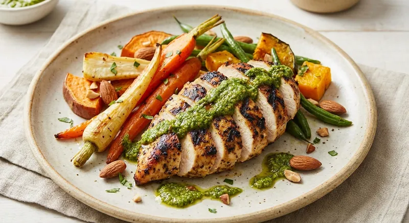 Grilled Chicken with Roasted Seasonal Vegetables & Almond Pesto