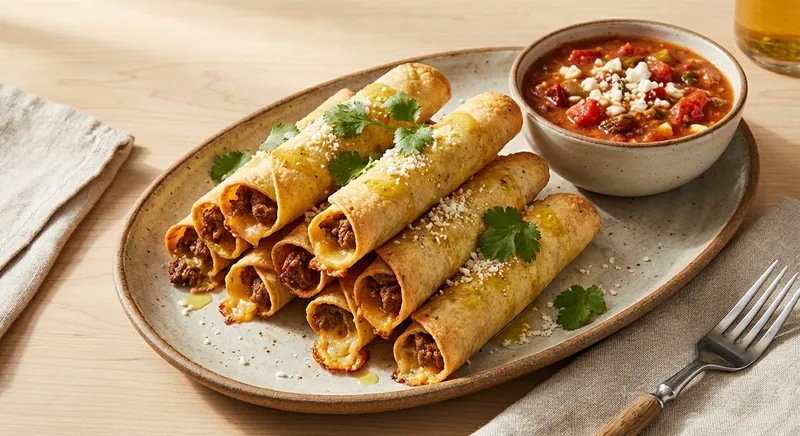 Baked Beef & Cheese Taquitos with Roasted Rotel Dipping Sauce