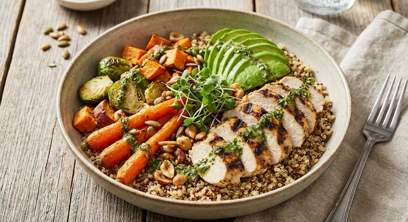 Grilled Chicken & Quinoa Salad with Roasted Veggies & Avocado