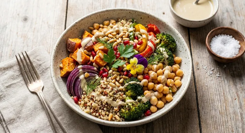 Quinoa & Chickpea Salad with Roasted Veg and Tahini-Lemon Dressing