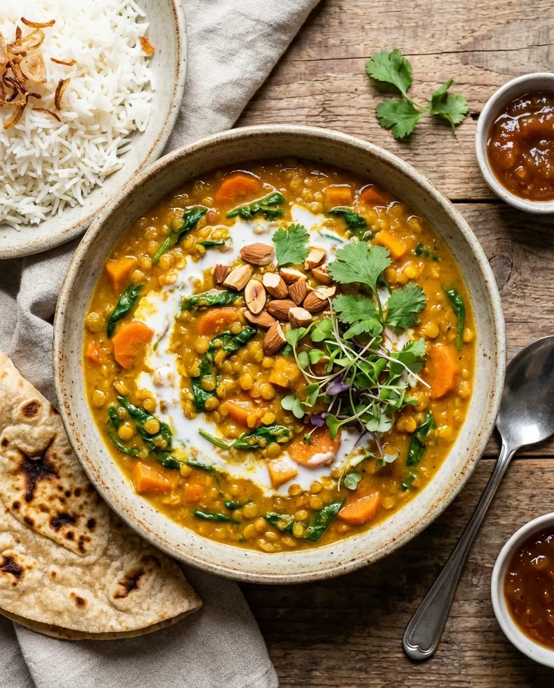 Creamy Lentil & Vegetable Curry with Basmati Rice and Egg-free Chapati