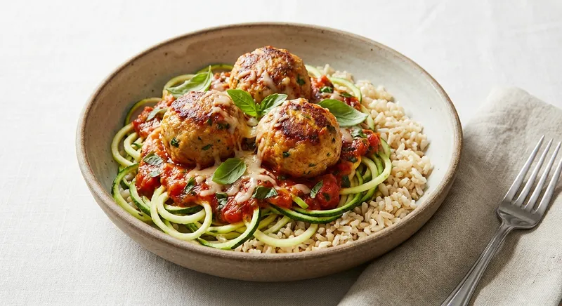 Turkey Meatballs with Zucchini Noodles & Brown Rice (Gluten-Free)