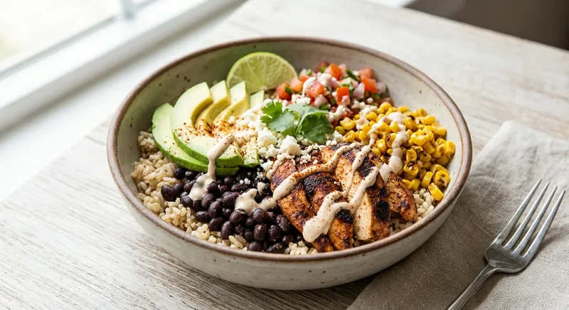 Chicken Burrito Bowl with Brown Rice, Black Beans, and Avocado