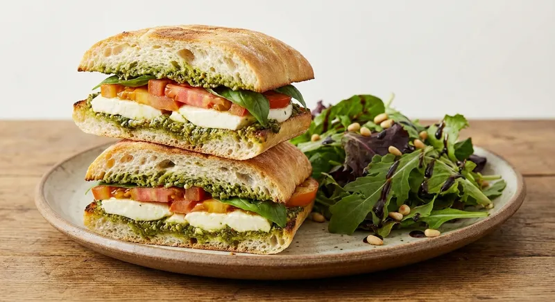 Caprese Pesto Sandwich with Mixed Greens