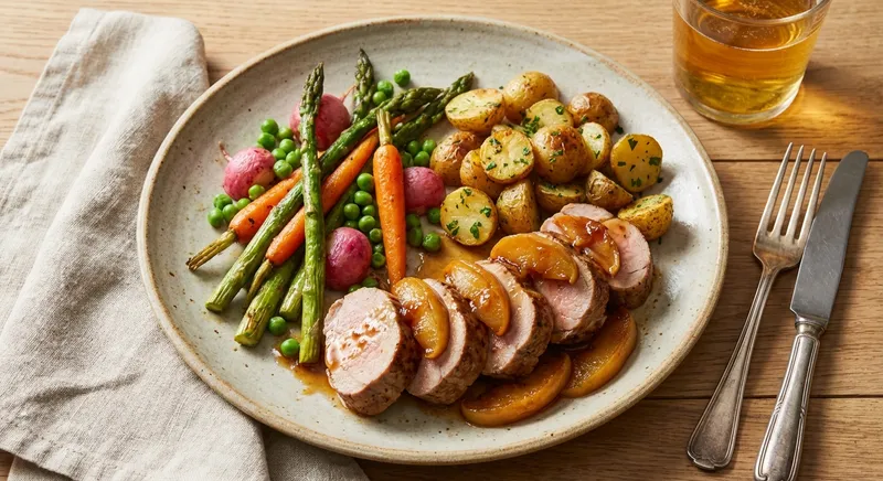 Pork Tenderloin with Apple-Cider Glaze, Roasted Spring Vegetables & Garlic‑Parsley Potatoes