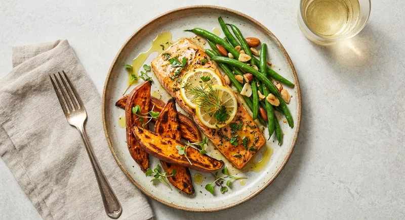 Baked Lemon-Herb Salmon with Roasted Sweet Potato & Sautéed Green Beans