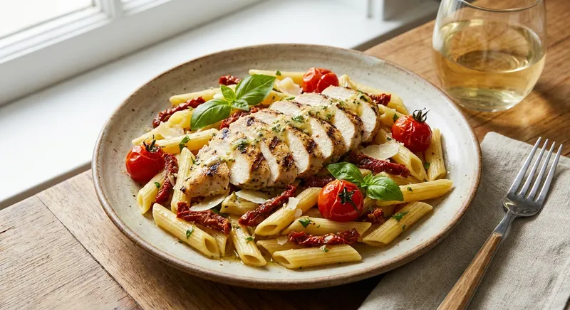 Grilled Lemon-Herb Chicken Penne with Sundried Tomato & Blistered Cherry Tomatoes