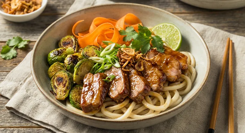 Tamarind‑Glazed Pork Stir‑Fry with Fresh Udon, Roasted Brussels Sprouts & Carrot Ribbons