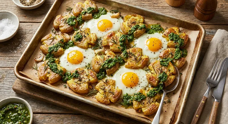 Sheet‑Pan Smashed Herbed Potatoes with Baked Sunny‑Side Eggs & Quick Chimichurri