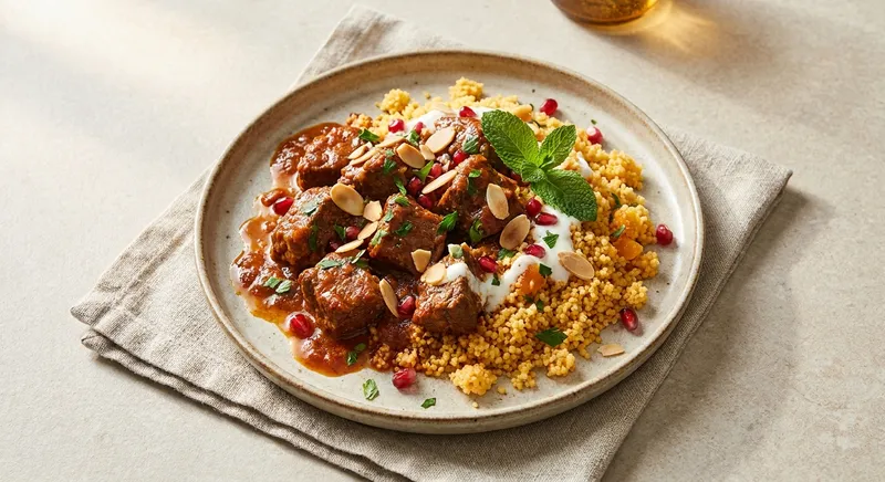 Moroccan-Spiced Quick-Braised Beef with Apricot Couscous and Toasted Almonds