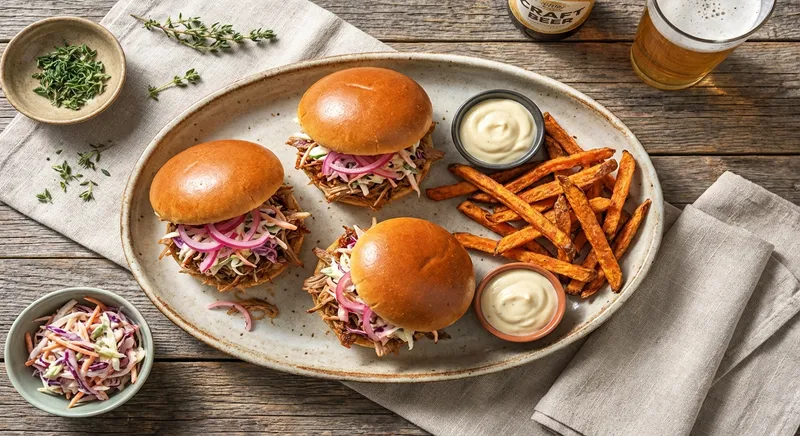 Slow-Cooked Pulled Pork Sliders with Yogurt Coleslaw & Sweet Potato Fries