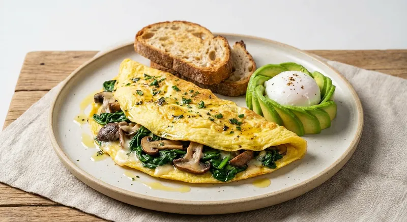 Spinach & Mushroom Omelette with Toast and Avocado