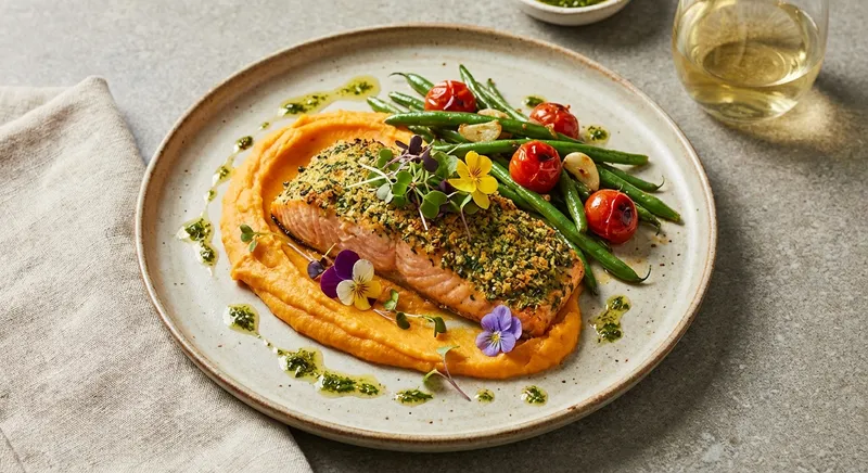 Baked Salmon with Sweet Potato Mash & Sautéed Green Beans