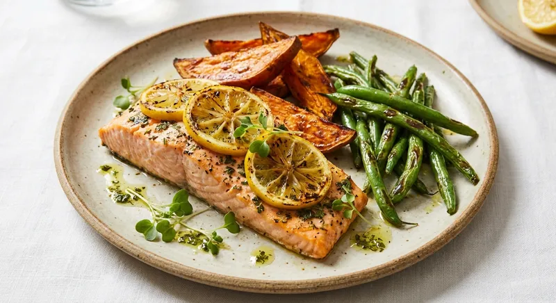 Baked Lemon-Herb Salmon with Roasted Sweet Potato & Sautéed Green Beans