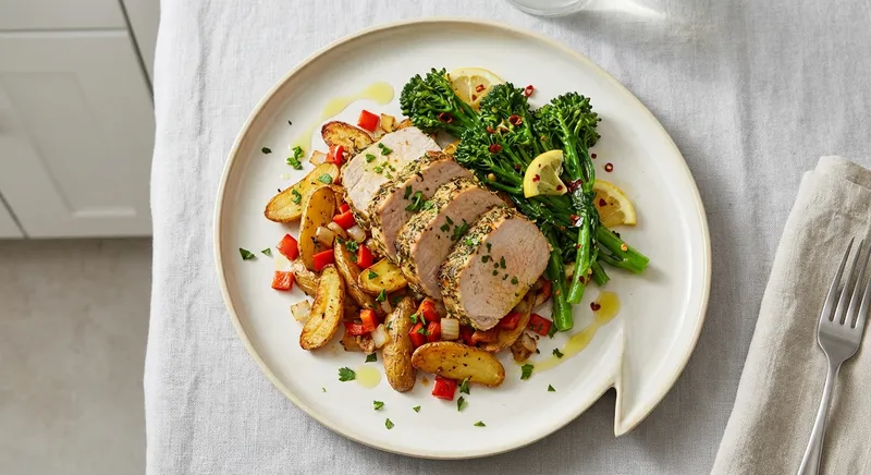 Herb‑Crusted Italian Pork & Roasted Fingerling Potato Hash with Lemon‑Chili Broccoli Rabe