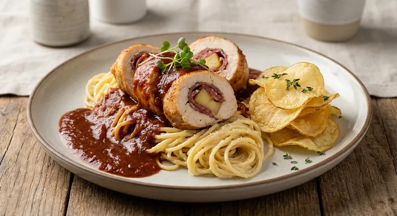 Pechuga de pollo rellena de salchichón y manzana con salsa de tomate y cerveza, espagueti al parmesano y chips crujientes de patata