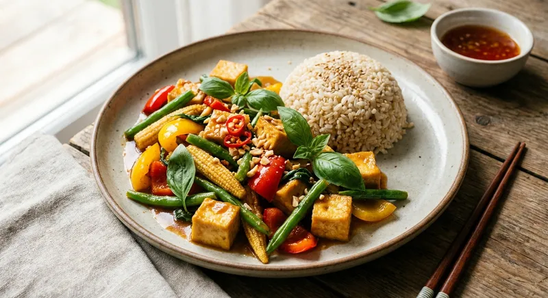 Thai Basil Tofu Stir-fry with Mixed Vegetables & Brown Rice