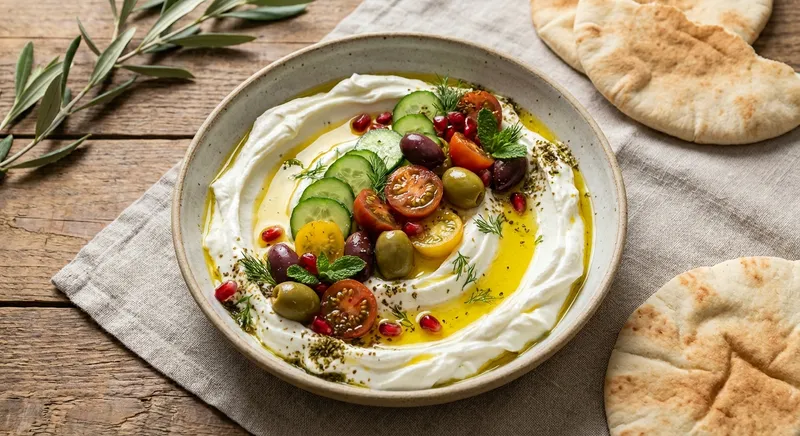 Labneh Bowl with Cucumber, Tomatoes & Olive Oil