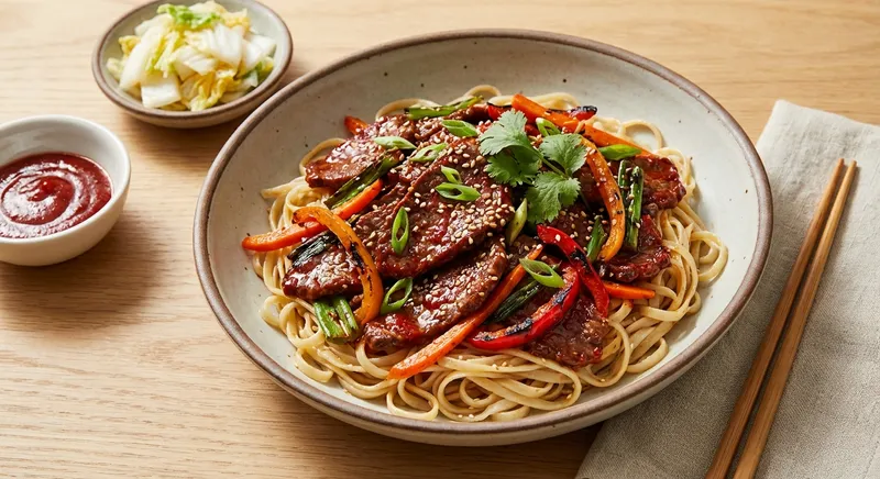 Quick Gochujang Beef Stir-Fry with Sesame Rice Noodles & Quick-Pickled Napa Cabbage