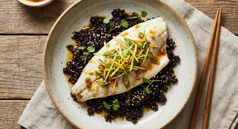 Citrus-Ginger Steamed Branzino Fillet with Scallion-Sesame Oil and Forbidden (Black) Rice