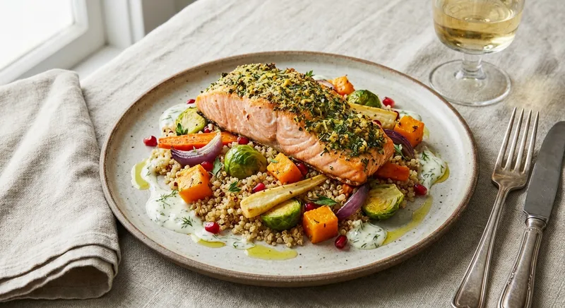Baked Salmon with Quinoa and Roasted Winter Vegetables