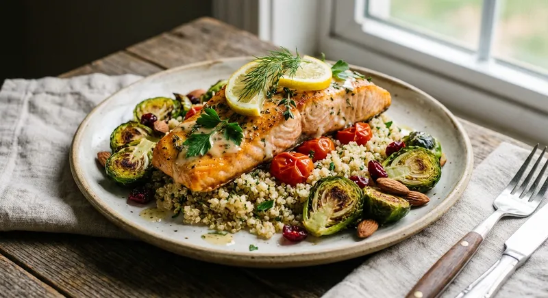Baked Lemon-Herb Salmon with Quinoa & Roasted Brussels Sprouts