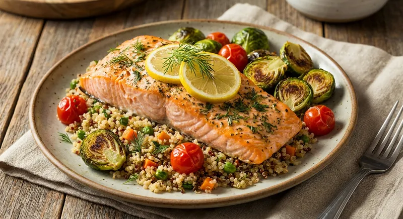 Baked Lemon-Dill Salmon with Quinoa Pilaf & Roasted Brussels Sprouts