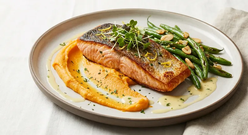 Baked Salmon with Sweet Potato Mash & Sautéed Green Beans
