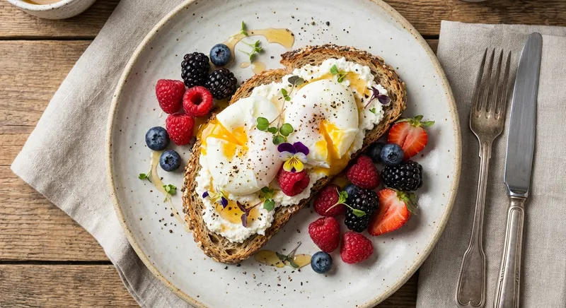 Whole-grain Ricotta Toast with Poached Eggs & Mixed Berries